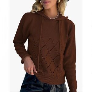 Brown Hoodie Sweater Open-Knit Diamond Long Sleeves Rolled Cuffs Womens Large